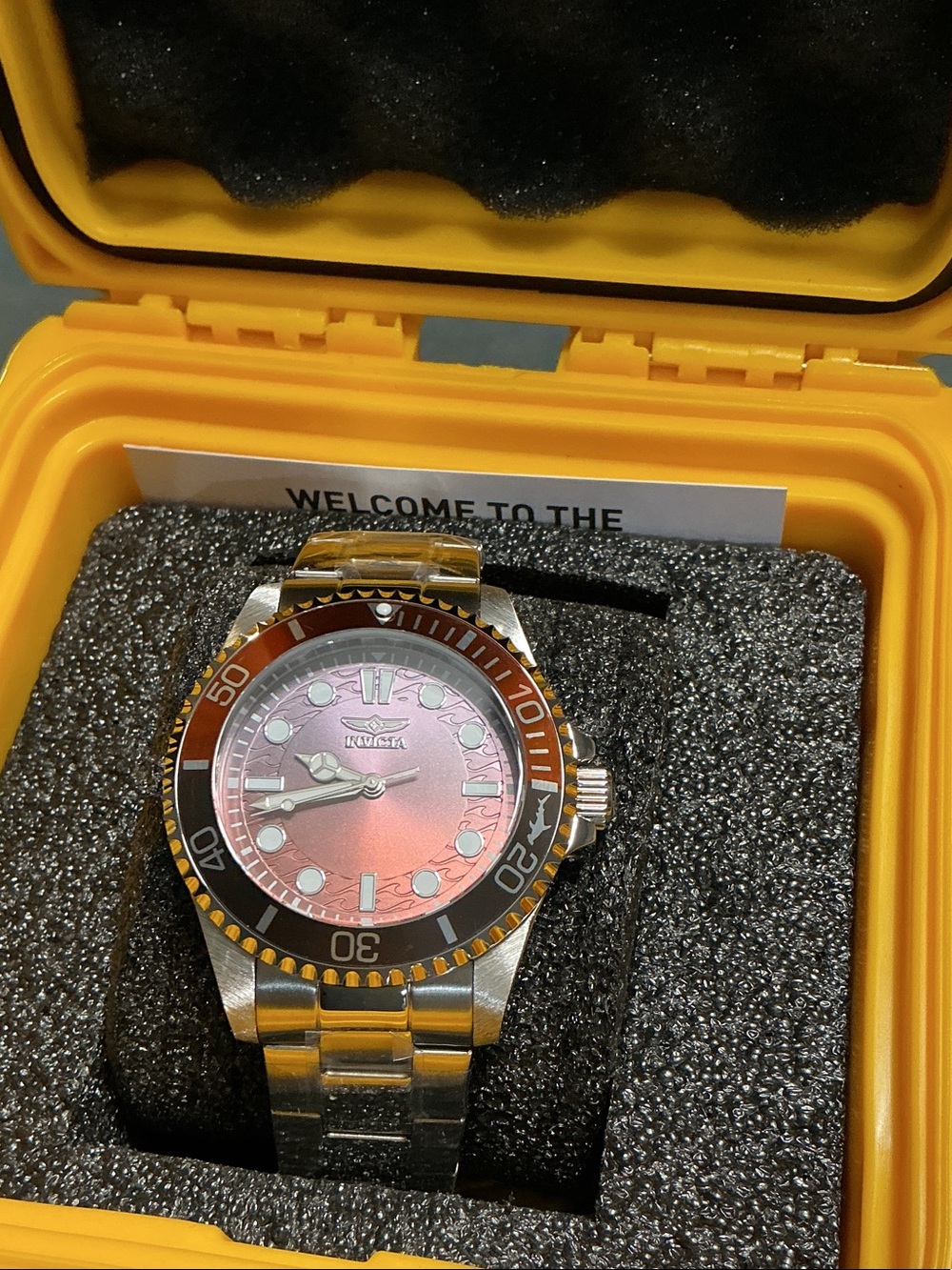 Invicta Men's Stainless Steel Watch with Pink Dial and Black Bezel